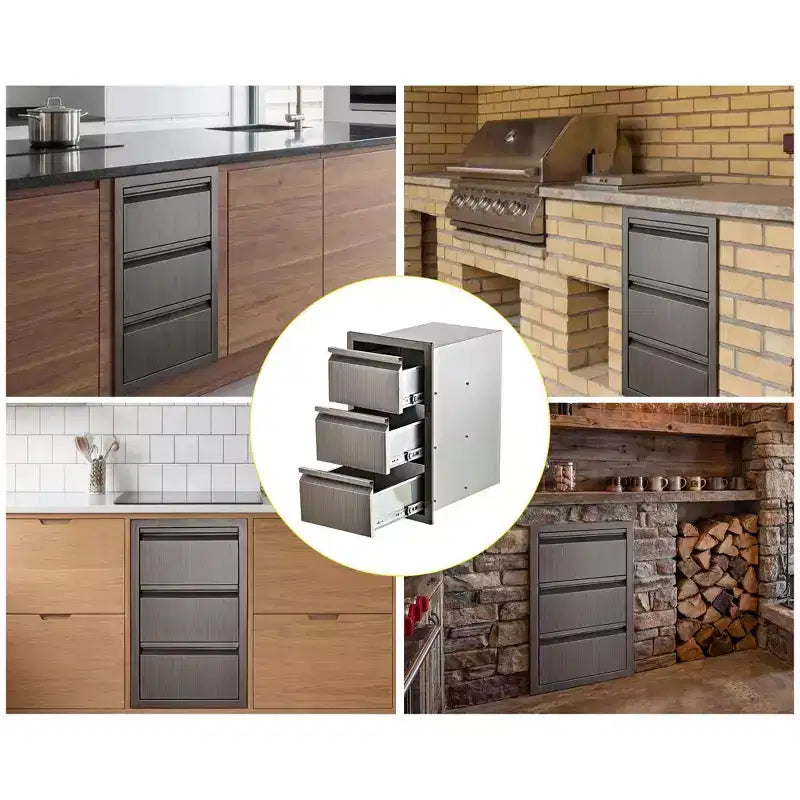 Stainless Steel Triple Drawer Unit, Flush Mount 14W for Outdoor Kitchen Island