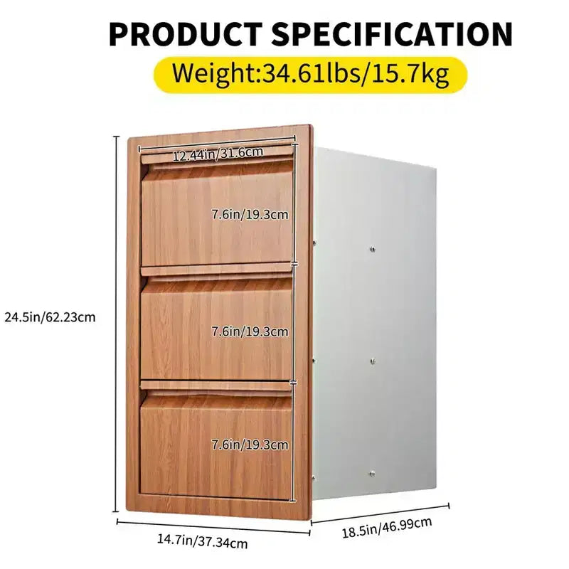 Stainless Steel Triple Drawer Unit, Flush Mount 14W for Outdoor Kitchen Island