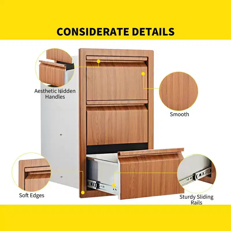 Stainless Steel Triple Drawer Unit, Flush Mount 14W for Outdoor Kitchen Island