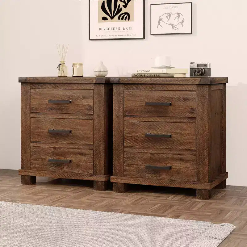 GDFStudio Ken Rustic Solid Wood Nightstand with 3-Drawer (Set of 2)