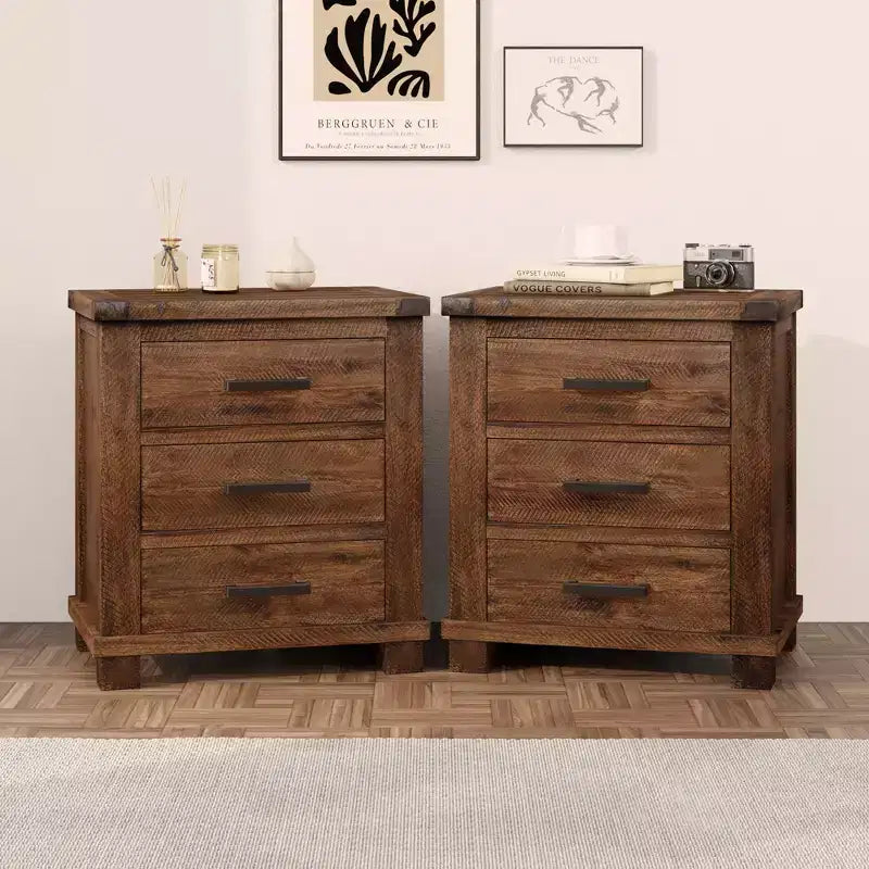 Rustic Solid Wood Nightstand with 3-Drawer (Set of 2)