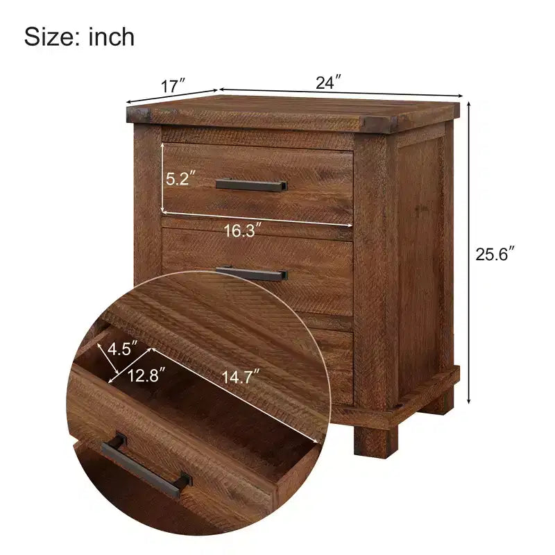Rustic Solid Wood Nightstand with 3-Drawer (Set of 2)