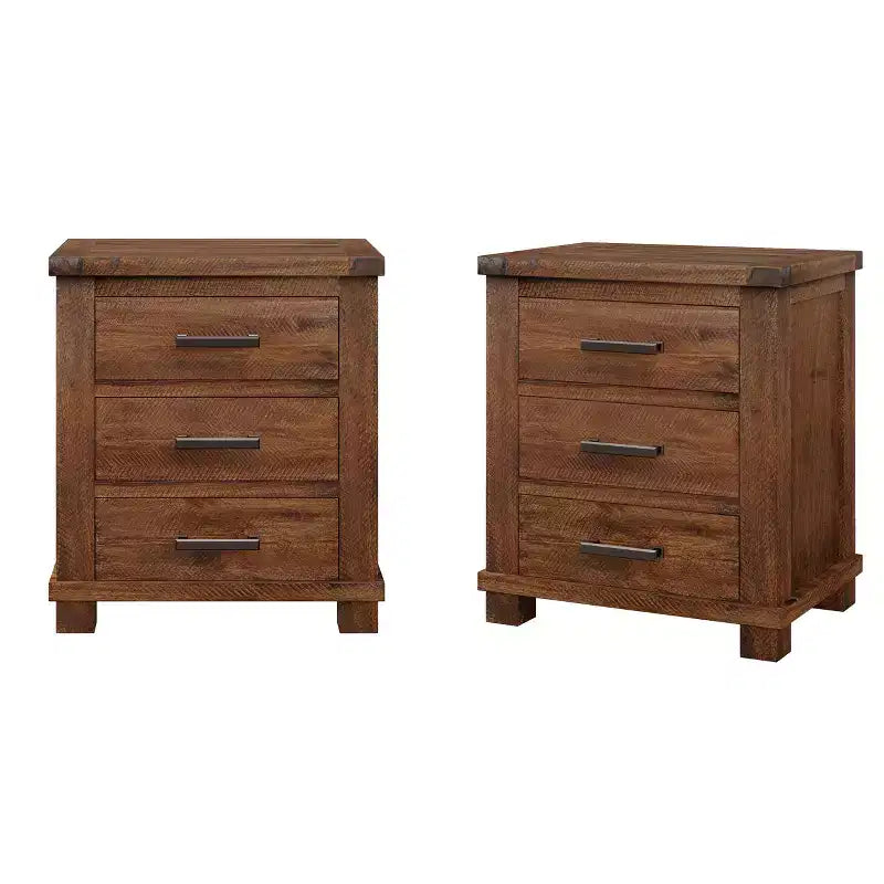 Rustic Solid Wood Nightstand with 3-Drawer (Set of 2)