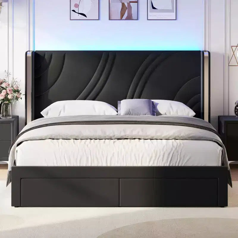 GDFStudio Maggie Modern Upholstered LED Bed Frame with Storage Drawers and RGB Light