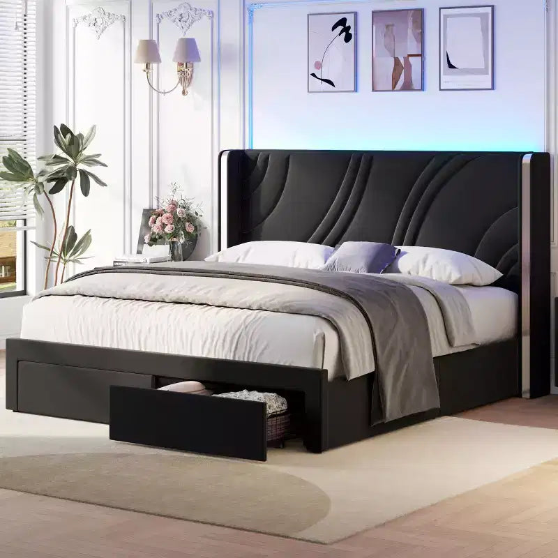 Modern Upholstered LED Bed Frame with Storage Drawers