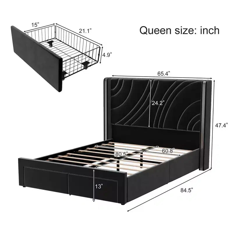 Modern Upholstered LED Bed Frame with Storage Drawers