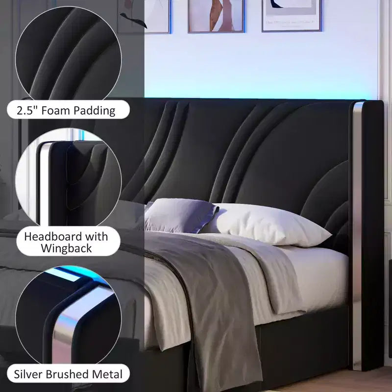 Modern Upholstered LED Bed Frame with Storage Drawers