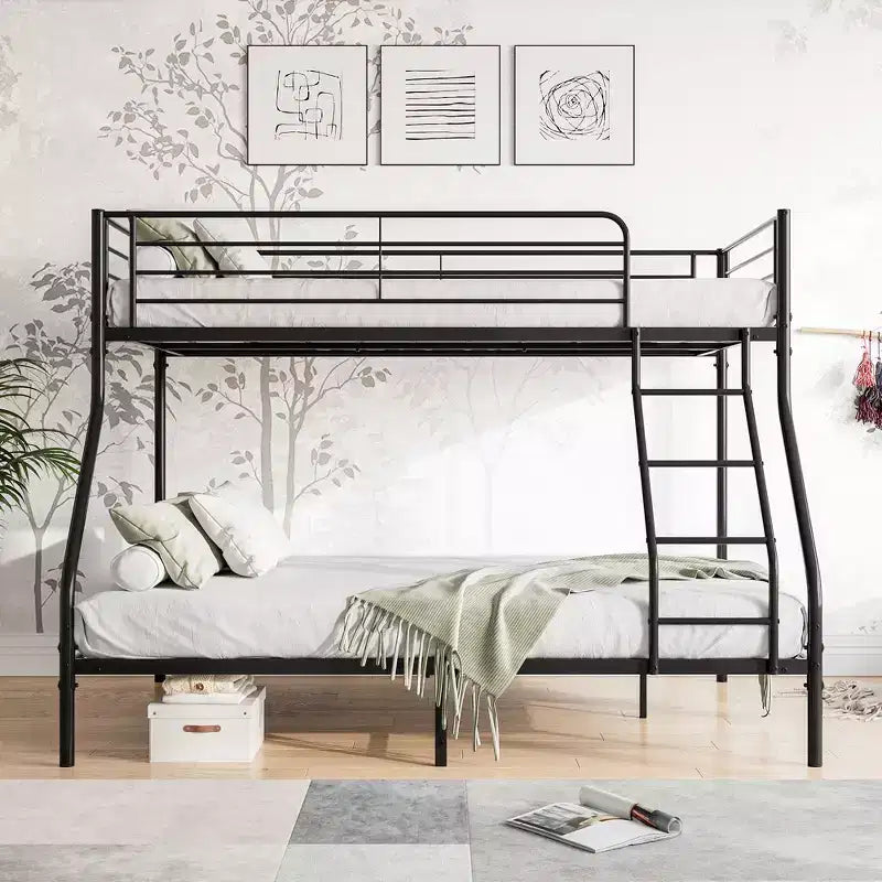 Twin-Over-Full Metal Bunk Bed with Guardrails and Inclined Ladder