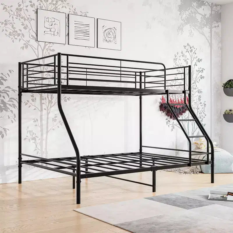 Twin-Over-Full Metal Bunk Bed with Guardrails and Inclined Ladder