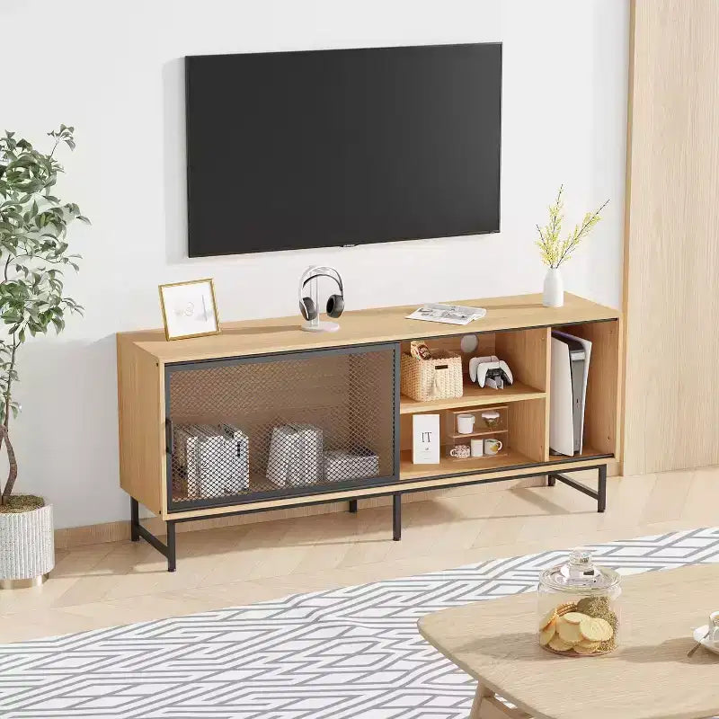 Acekool Industrial TV Stand with Metal Mesh Sliding Doors, Modern Wood Cabinet, Metal Legs, Cable Management, for Living Room