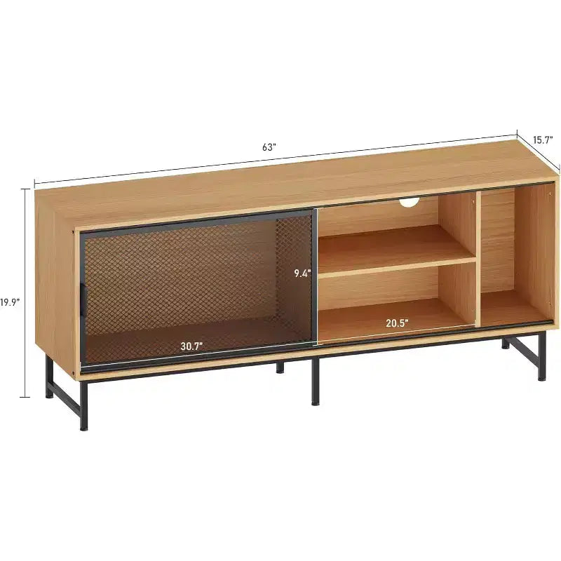 Industrial TV Stand with Mesh Sliding Doors and Wood Cabinet