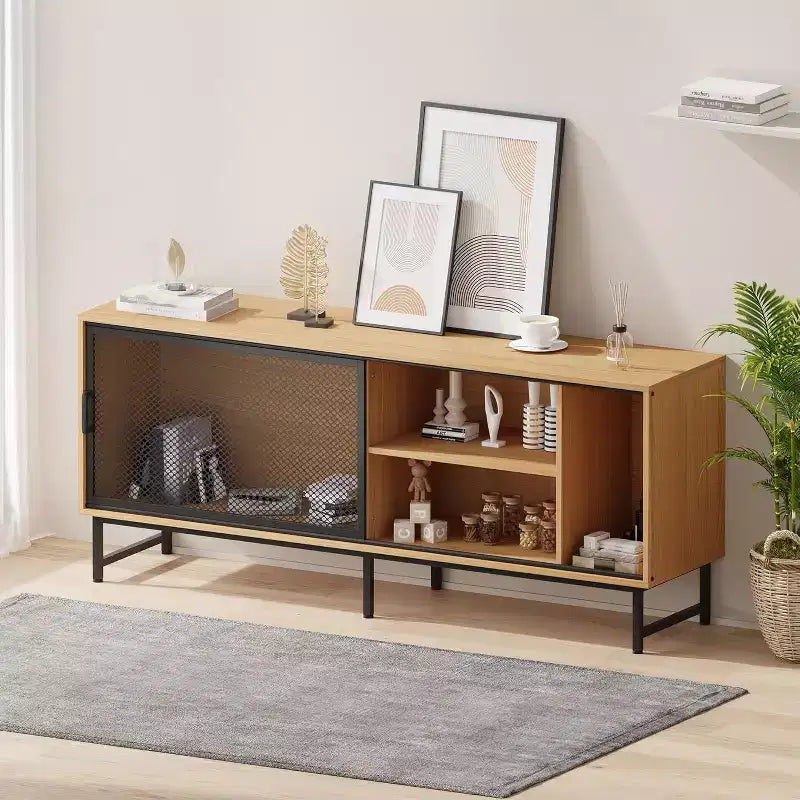 Industrial TV Stand with Mesh Sliding Doors and Wood Cabinet