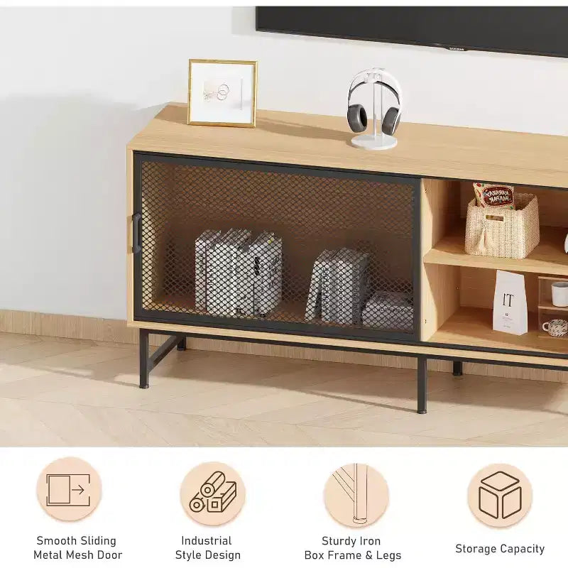 Industrial TV Stand with Mesh Sliding Doors and Wood Cabinet