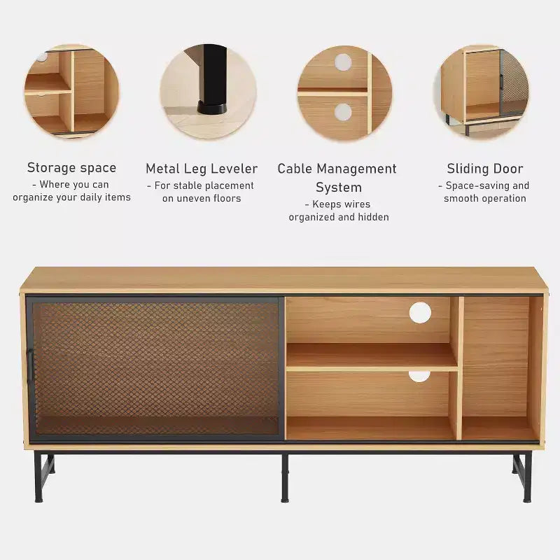 Industrial TV Stand with Mesh Sliding Doors and Wood Cabinet