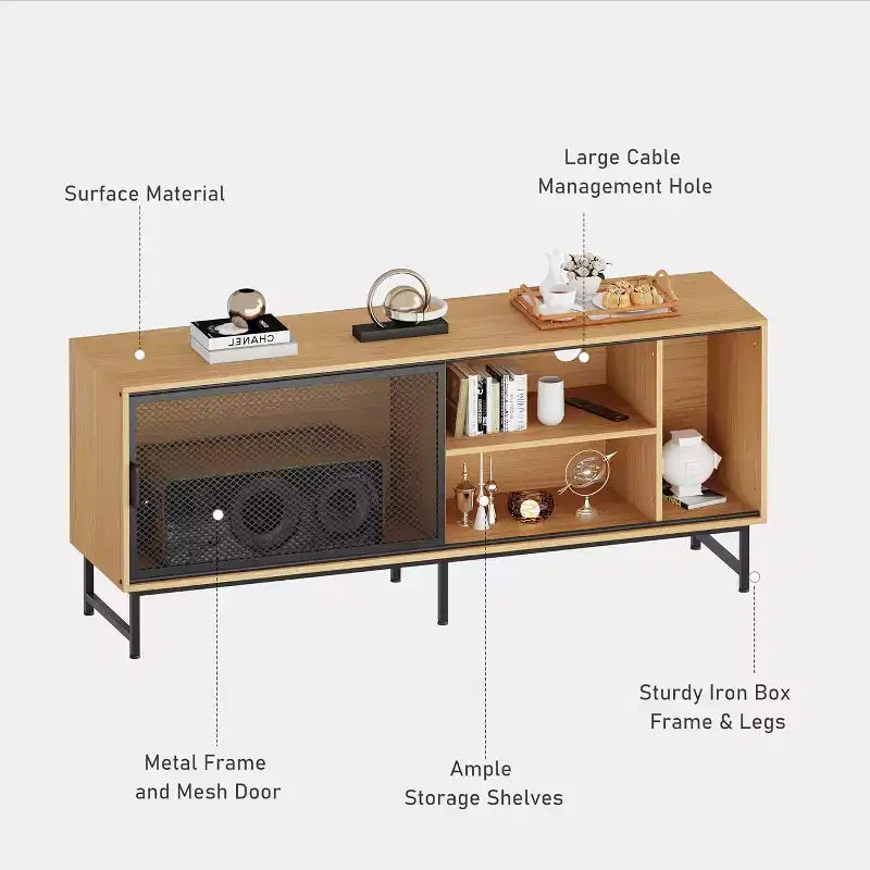 Industrial TV Stand with Mesh Sliding Doors and Wood Cabinet