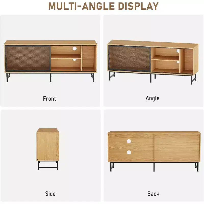 Industrial TV Stand with Mesh Sliding Doors and Wood Cabinet