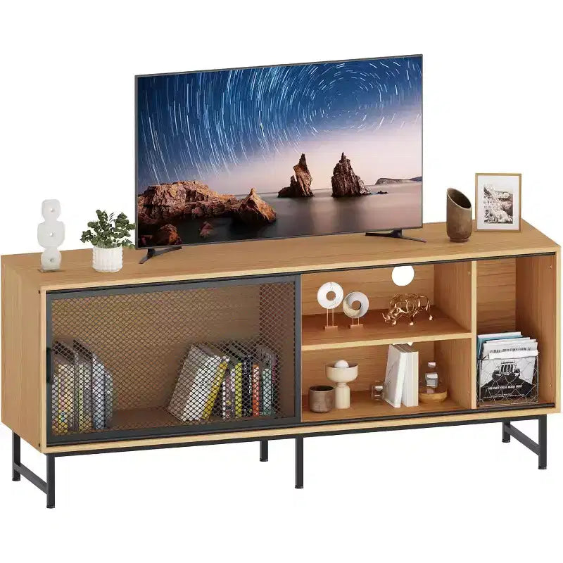 Industrial TV Stand with Mesh Sliding Doors and Wood Cabinet