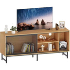 Industrial TV Stand with Mesh Sliding Doors and Wood Cabinet