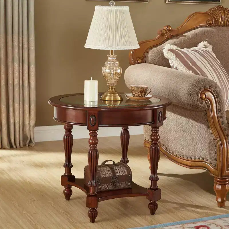 Oval Solid Wood End Table with Glass Top, 28 Inch Wide