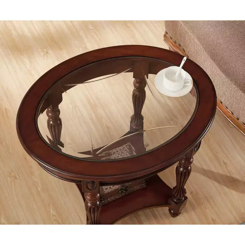 Oval Solid Wood End Table with Glass Top, 28 Inch Wide