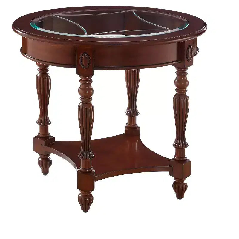 Oval Solid Wood End Table with Glass Top, 28 Inch Wide