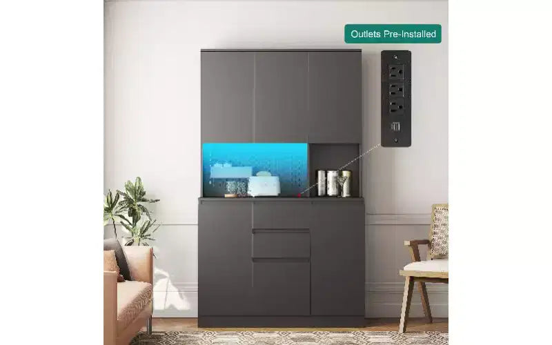 Freestanding Buffet Cabinet with Hutch – 6-Door Pantry Storage Cabinet with Charging Station