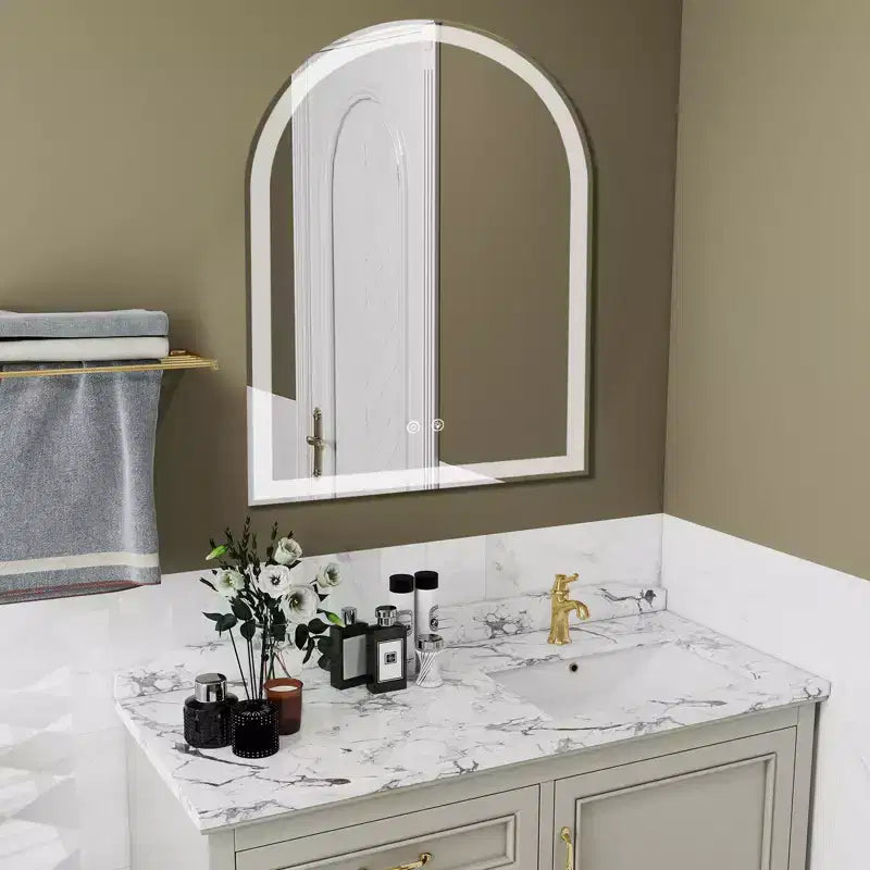 Okak Modern Arched Glass Bathroom Mirror with Dual Light Source & Three Dimmable Modes,Wall Mirror Vanity Mirror for Bathroom