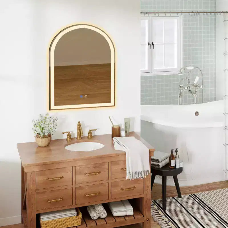 Arched Frameless Wall Mirror with LED Lighting and Dimmable Modes