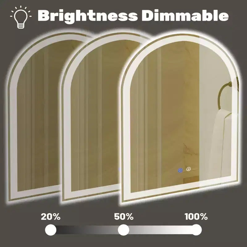 Arched Frameless Wall Mirror with LED Lighting and Dimmable Modes