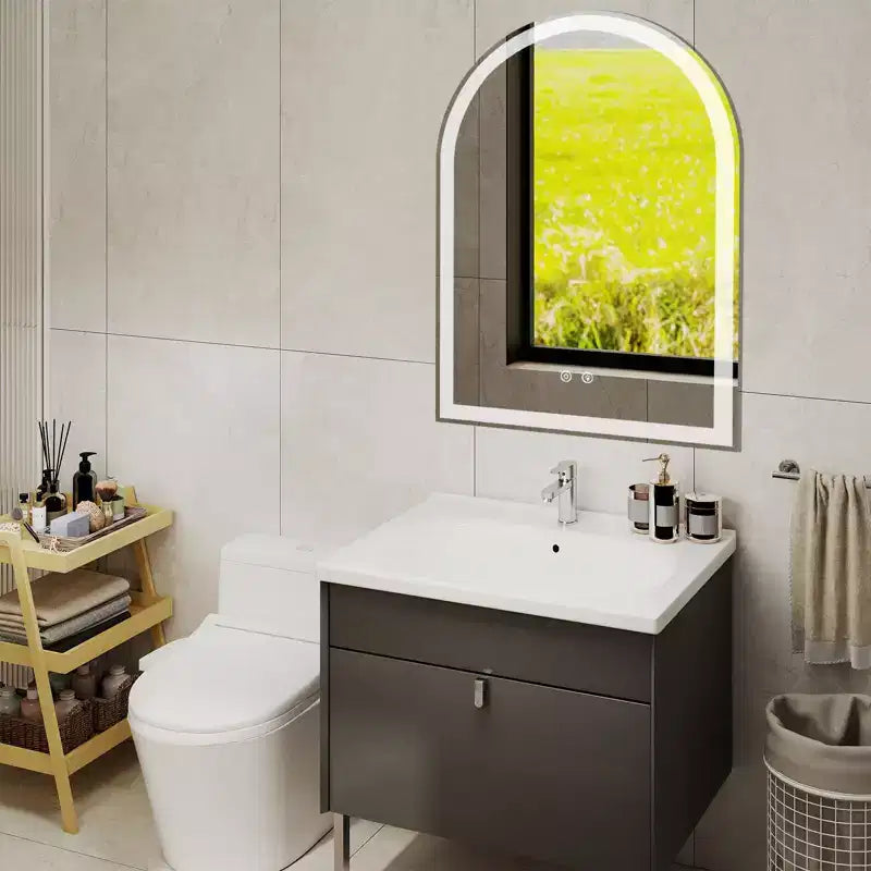Arched Frameless Wall Mirror with LED Lighting and Dimmable Modes