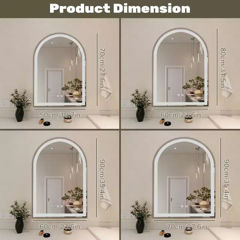 Arched Frameless Wall Mirror with LED Lighting and Dimmable Modes