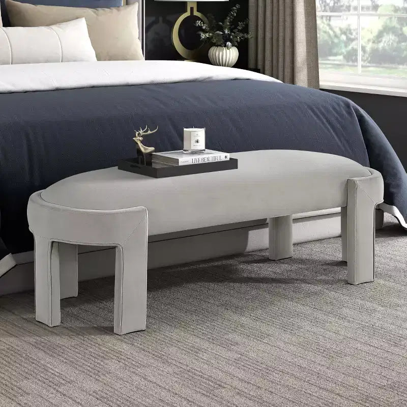 TUYOHW 54 Modern Oval Bench with Velvet Upholstered Vanity Stool with Sturdy Frame Durable End of Bed Bench Ottoman for Living Room, Entryway