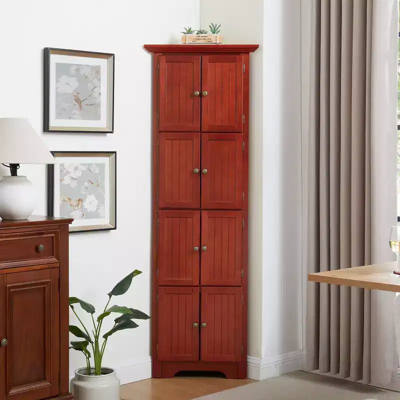 4-Tier Corner Kitchen Pantry, Corner 8-Door Tall Storage Cabinet with Adjustable Shelves, Home Farmhouse Bookshelf Cabinet for Living Room