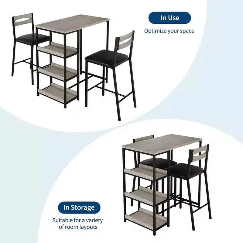 3-Piece Kitchen Table Set with Storage Shelves & 2 Upholstered Chairs - Iron and Wood Dining Table for Small Spaces, Apartments, Condos