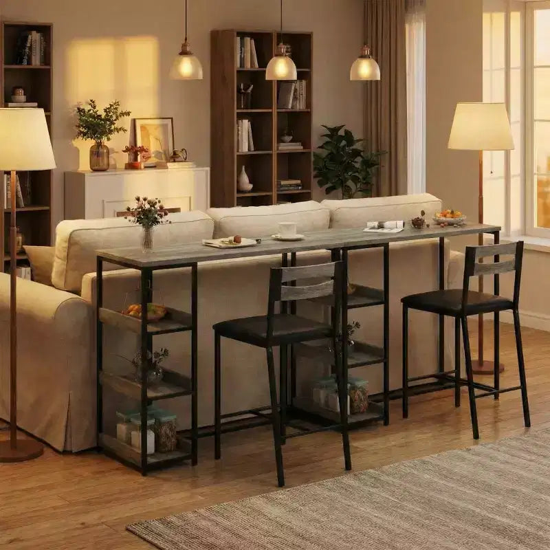 3-Piece Kitchen Table Set with Storage Shelves & 2 Upholstered Chairs - Iron and Wood Dining Table for Small Spaces, Apartments, Condos