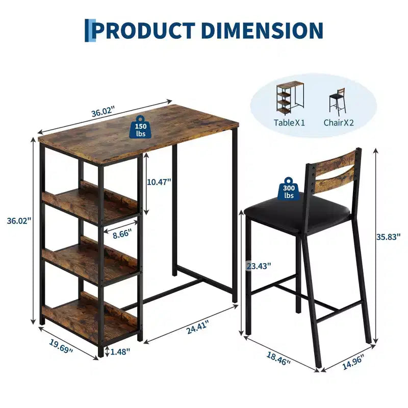 3-Piece Kitchen Table Set with Storage Shelves & 2 Upholstered Chairs - Iron and Wood Dining Table for Small Spaces, Apartments, Condos