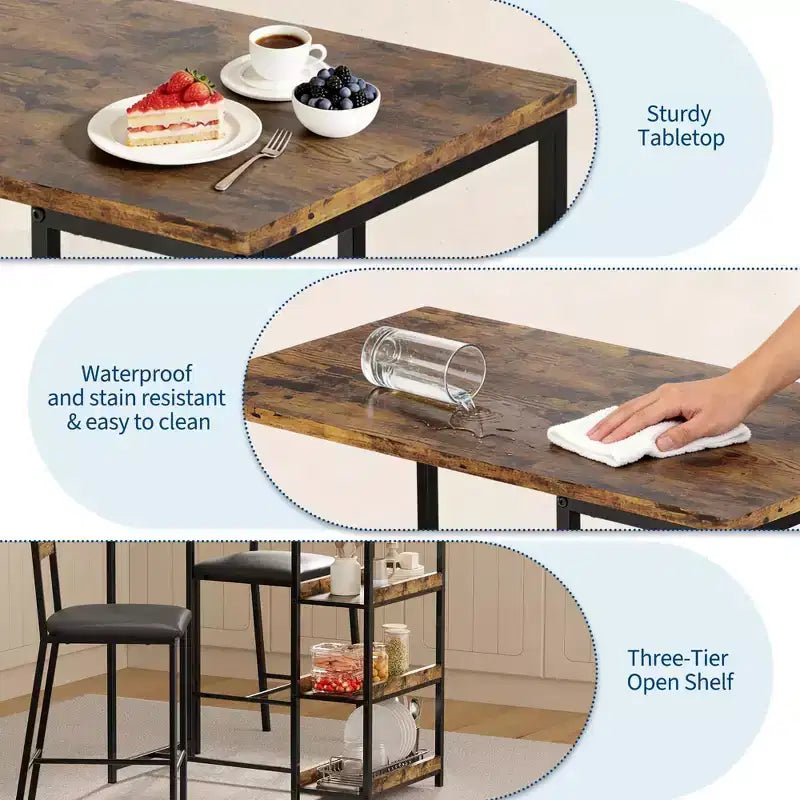 3-Piece Kitchen Table Set with Storage Shelves & 2 Upholstered Chairs - Iron and Wood Dining Table for Small Spaces, Apartments, Condos
