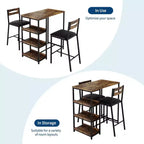3-Piece Kitchen Table Set with Storage Shelves & 2 Upholstered Chairs - Iron and Wood Dining Table for Small Spaces, Apartments, Condos