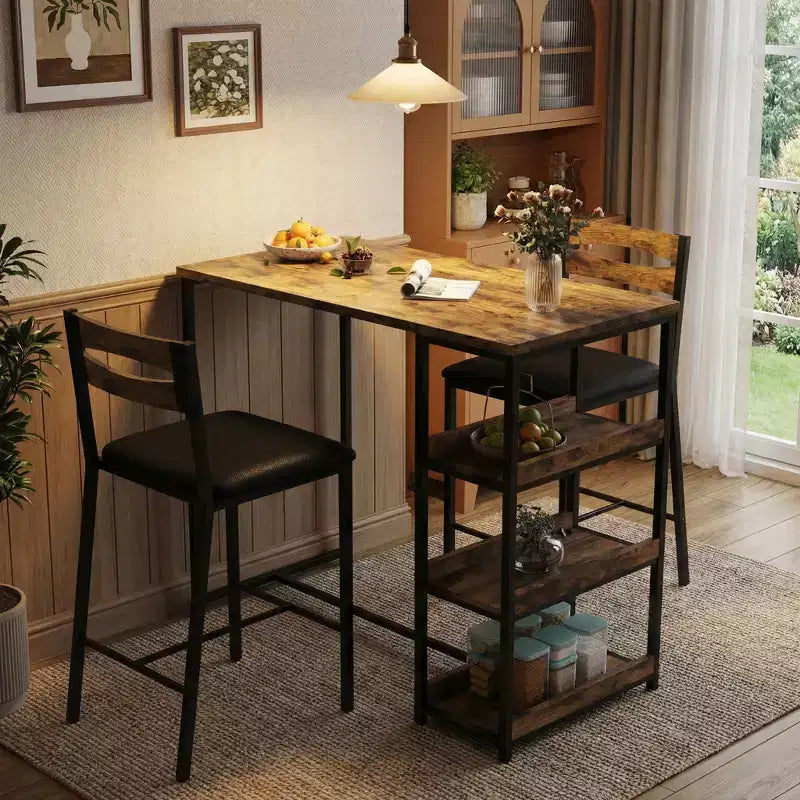 3-Piece Kitchen Table Set with Storage Shelves & 2 Upholstered Chairs - Iron and Wood Dining Table for Small Spaces, Apartments, Condos