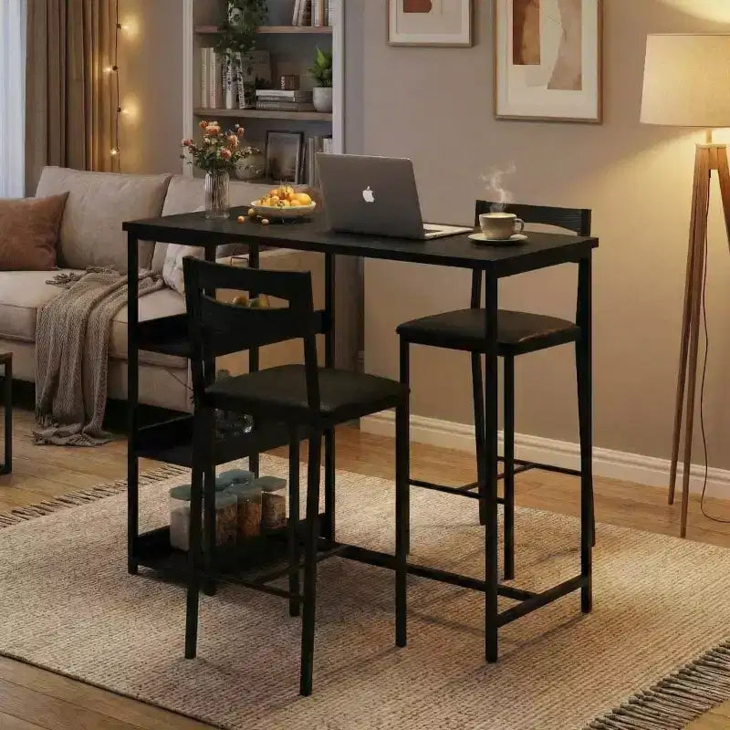 3-Piece Kitchen Table Set with Storage Shelves & 2 Upholstered Chairs - Iron and Wood Dining Table for Small Spaces, Apartments, Condos