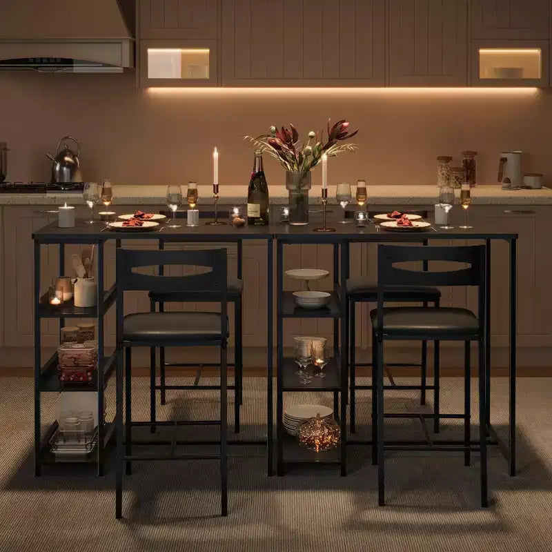3-Piece Kitchen Table Set with Storage Shelves & 2 Upholstered Chairs - Iron and Wood Dining Table for Small Spaces, Apartments, Condos