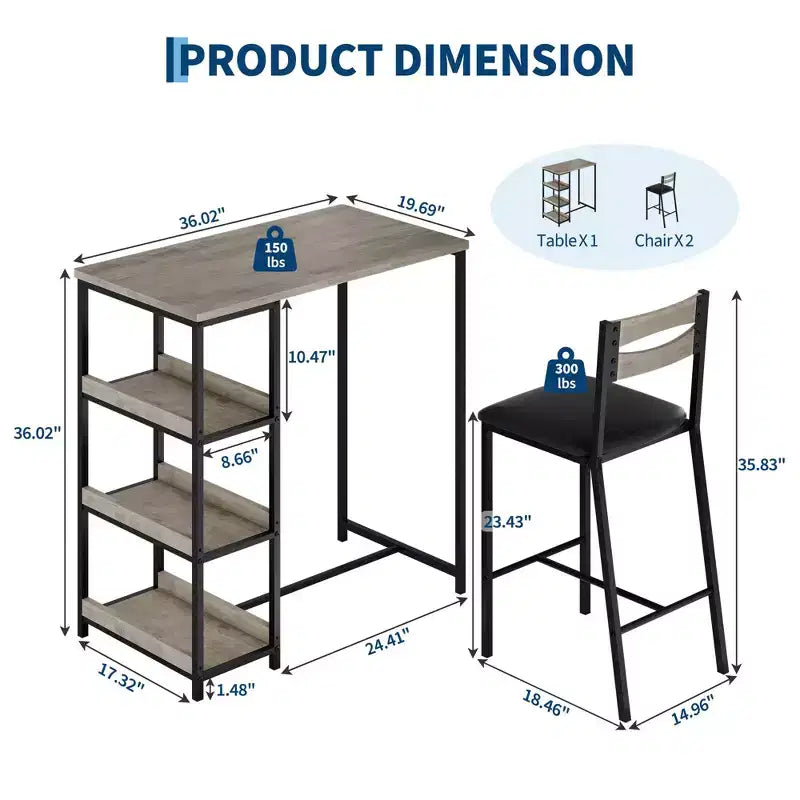 3-Piece Kitchen Table Set with Storage Shelves & 2 Upholstered Chairs - Iron and Wood Dining Table for Small Spaces, Apartments, Condos