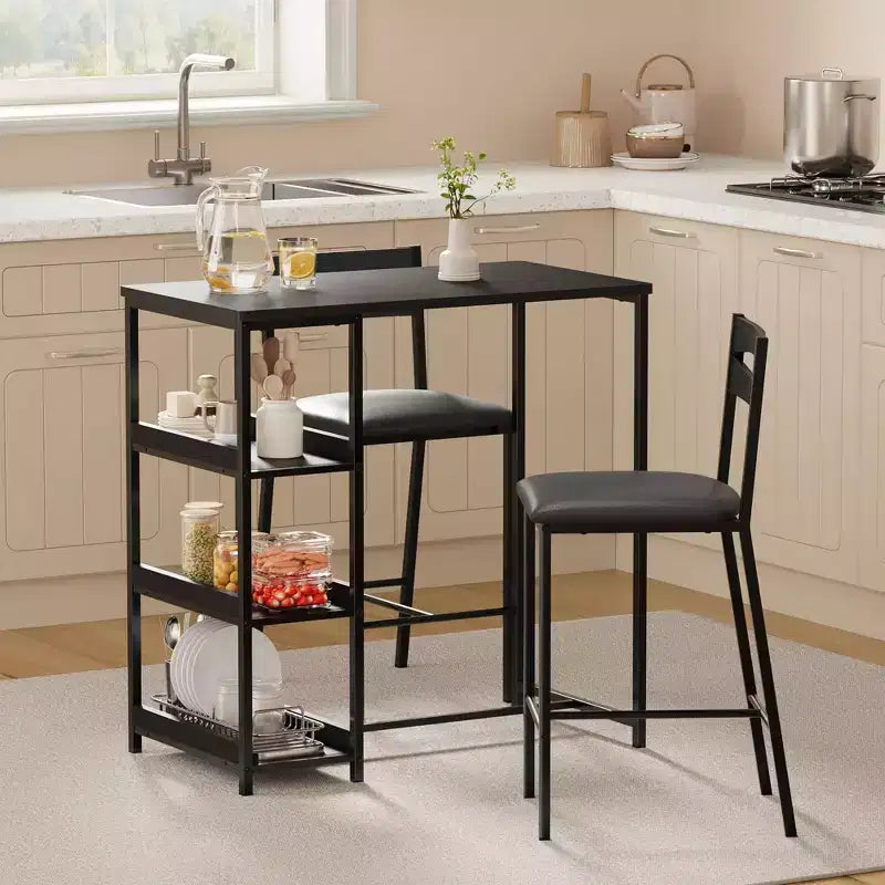 3-Piece Kitchen Table Set with Storage Shelves & 2 Upholstered Chairs - Iron and Wood Dining Table for Small Spaces, Apartments, Condos