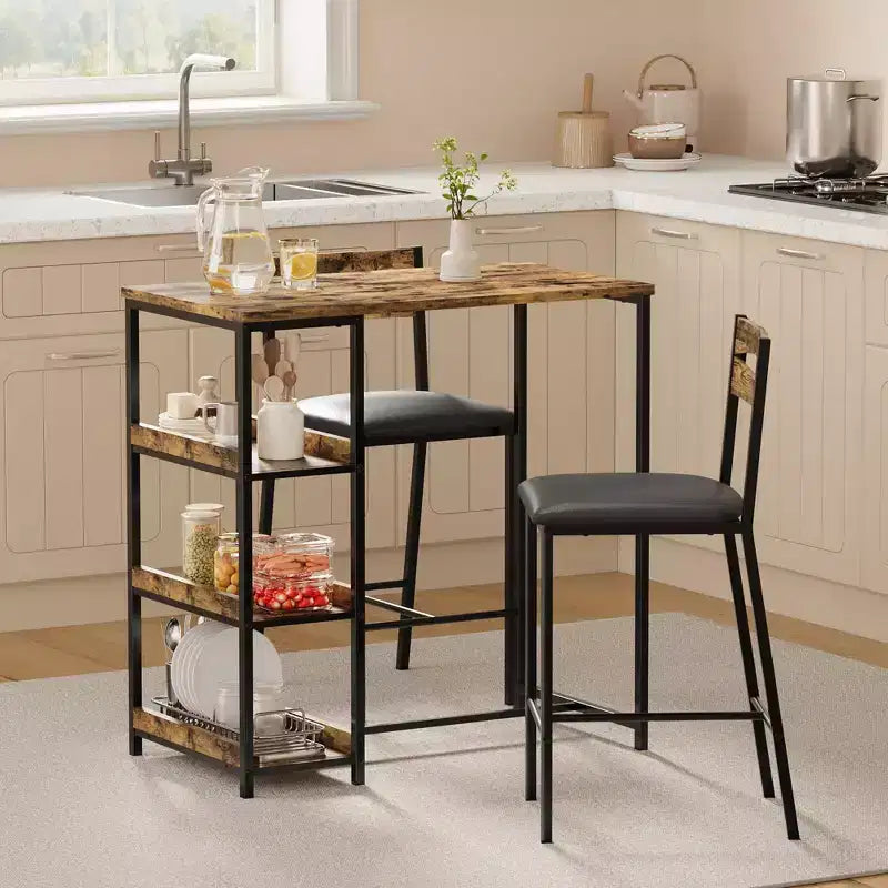 3-Piece Kitchen Table Set with Storage Shelves & 2 Upholstered Chairs - Iron and Wood Dining Table for Small Spaces, Apartments, Condos