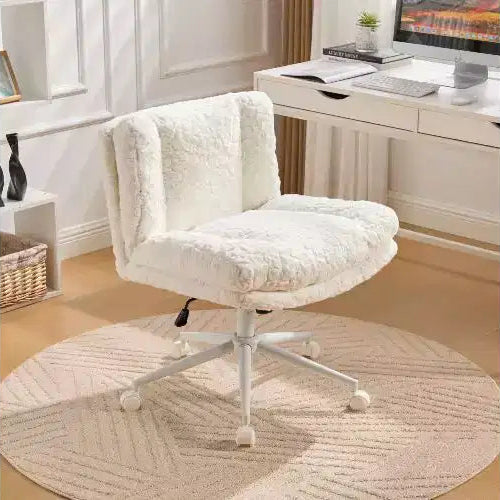 TUYOHW Plush Faux Alpaca Ergonomic Office Chair, 26.4 Wide Seat Home Office Desk Chair, Adjustable Swivel Vanity Chair with Metal Base