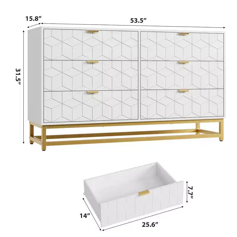 6-Drawer Double Dresser with Gold Handles and Extended Top Surface