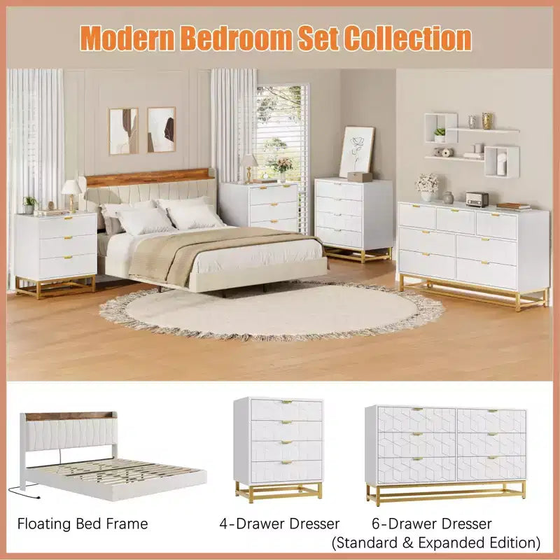 6-Drawer Double Dresser with Gold Handles and Extended Top Surface