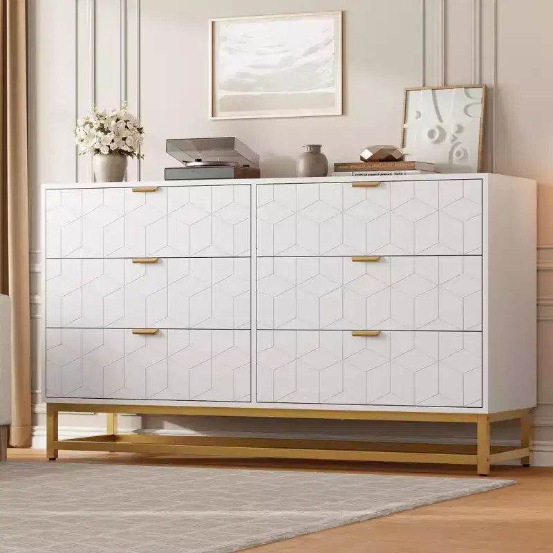 6-Drawer Double Dresser with Gold Handles and Extended Top Surface
