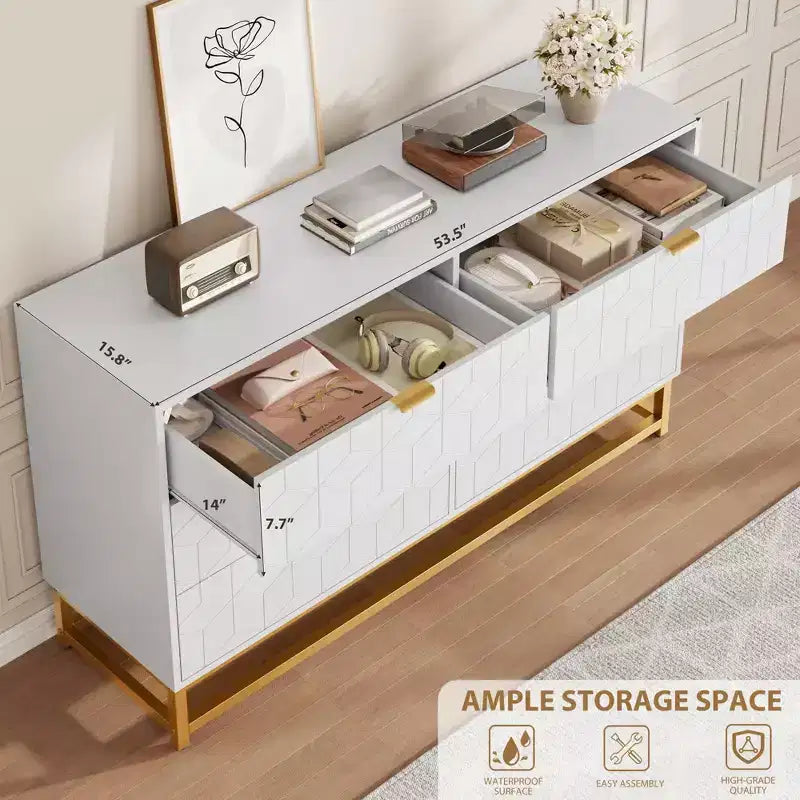 6-Drawer Double Dresser with Gold Handles and Extended Top Surface