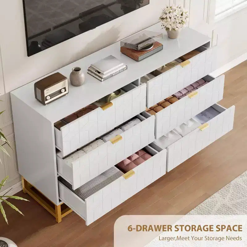 6-Drawer Double Dresser with Gold Handles and Extended Top Surface